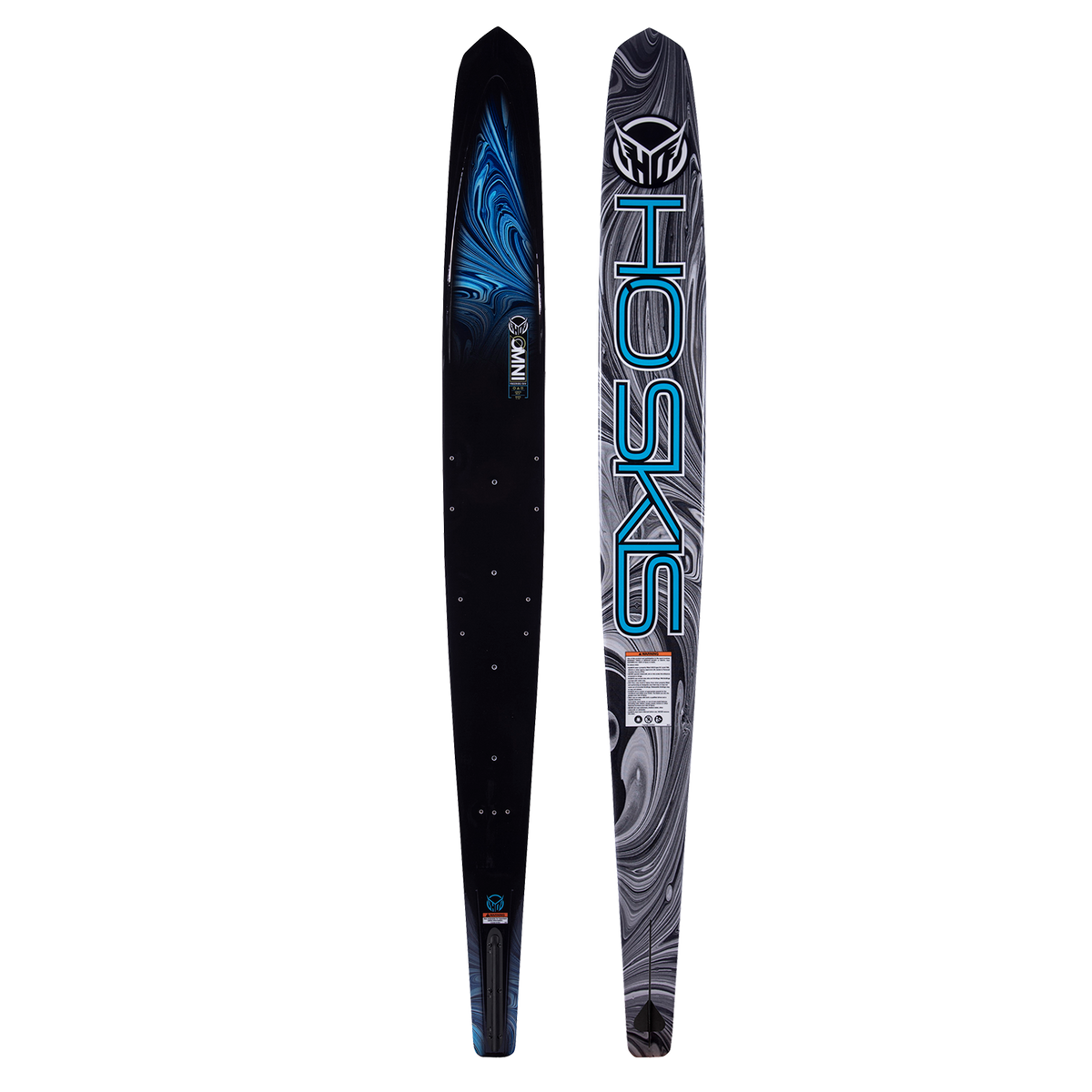Side-by-side view of Omni 2023 waterski showing the black top with a blue swirl pattern and the base with a marbled design.