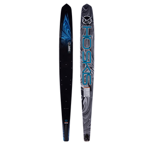 Side-by-side view of Omni 2023 waterski showing the black top with a blue swirl pattern and the base with a marbled design.