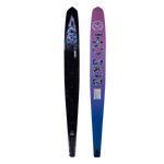 Side-by-side view of Womens Omni 2023 ski with a black top featuring blue floral accents and a purple-to-blue base.