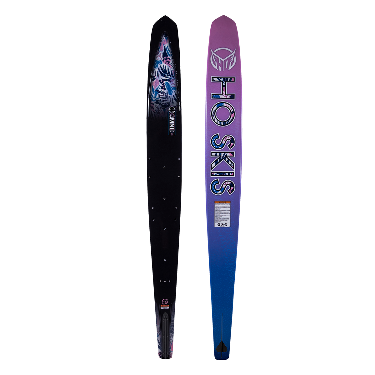 Side-by-side view of Womens Omni 2023 ski with a black top featuring blue floral accents and a purple-to-blue base.