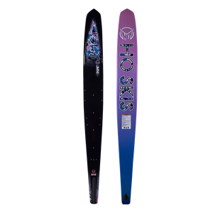 Side-by-side view of Womens Omni 2023 ski with a black top featuring blue floral accents and a purple-to-blue base.