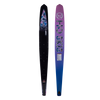 Side-by-side view of Womens Omni 2023 ski with a black top featuring blue floral accents and a purple-to-blue base.