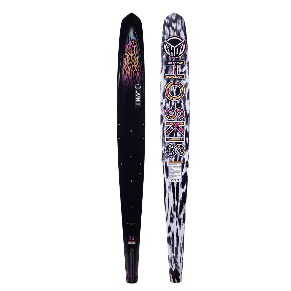 HO Skis Omni waterski with bold cheetah print graphics and colorful logo design, featuring a high-performance shape for versatile water skiing.