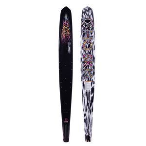 HO Skis Omni waterski with bold cheetah print graphics and colorful logo design, featuring a high-performance shape for versatile water skiing.