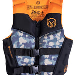 Front view of Boys Youth Pursuit life vest with a blue camo pattern, black straps, and orange accents.