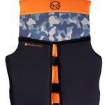 Back view of Boys Youth Pursuit life vest showing blue camo and orange accents, with a high back design.