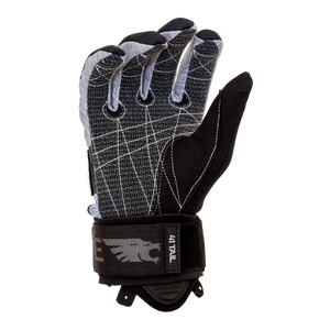 Palm view of the 41 Tail Glove, featuring a black and gray textured grip with white stitching and open finger gussets.