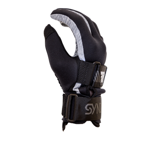 Side view of the 41 Tail Glove, a black and gray water ski glove with a curved design, wrist strap, and Syndicate branding.