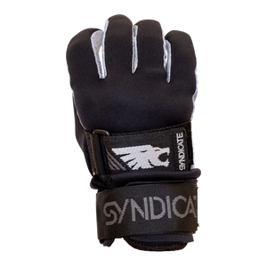 Front view of the 41 Tail Glove, a black water ski glove with reinforced stitching, a wrist strap, and Syndicate logo.
