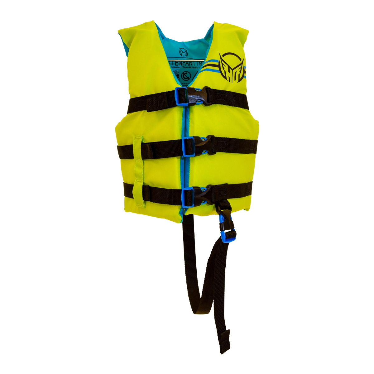 Front view of Child Hot Shot Vest in yellow with black straps, blue lining, three buckles, and a black leg strap.