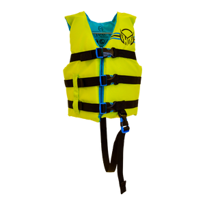 Front view of Child Hot Shot Vest in yellow with black straps, blue lining, three buckles, and a black leg strap.