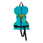 Front view of the Toddler Hot Shot Vest, a blue and yellow life vest with a zipper, buckle straps, and a head support flap.