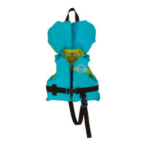 Front view of the Toddler Hot Shot Vest, a blue and yellow life vest with a zipper, buckle straps, and a head support flap.