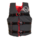 Front view of Youth Hot Shot Vest in black with red, zippered closure, and three adjustable black straps with red buckles.