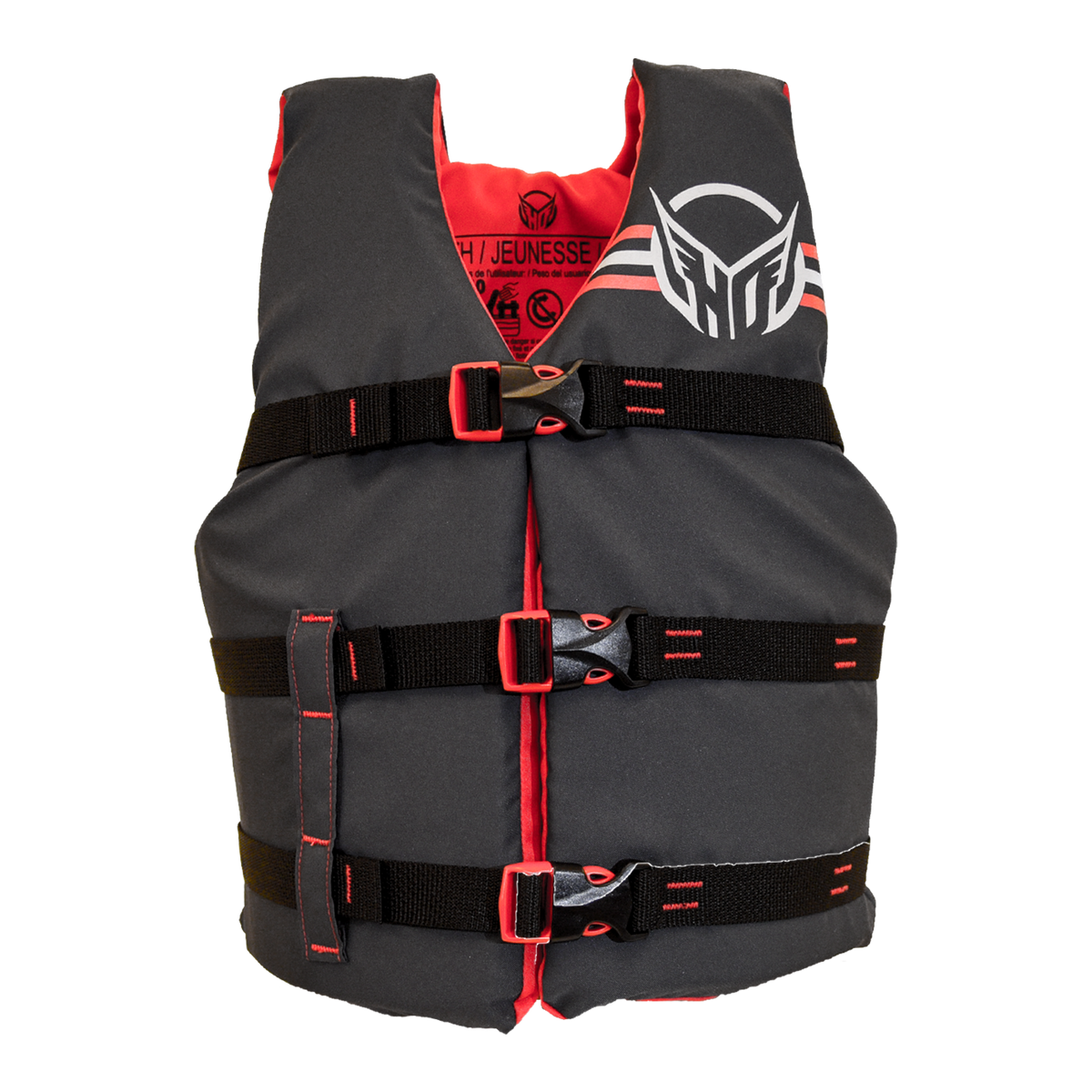 Front view of Youth Hot Shot Vest in black with red, zippered closure, and three adjustable black straps with red buckles.