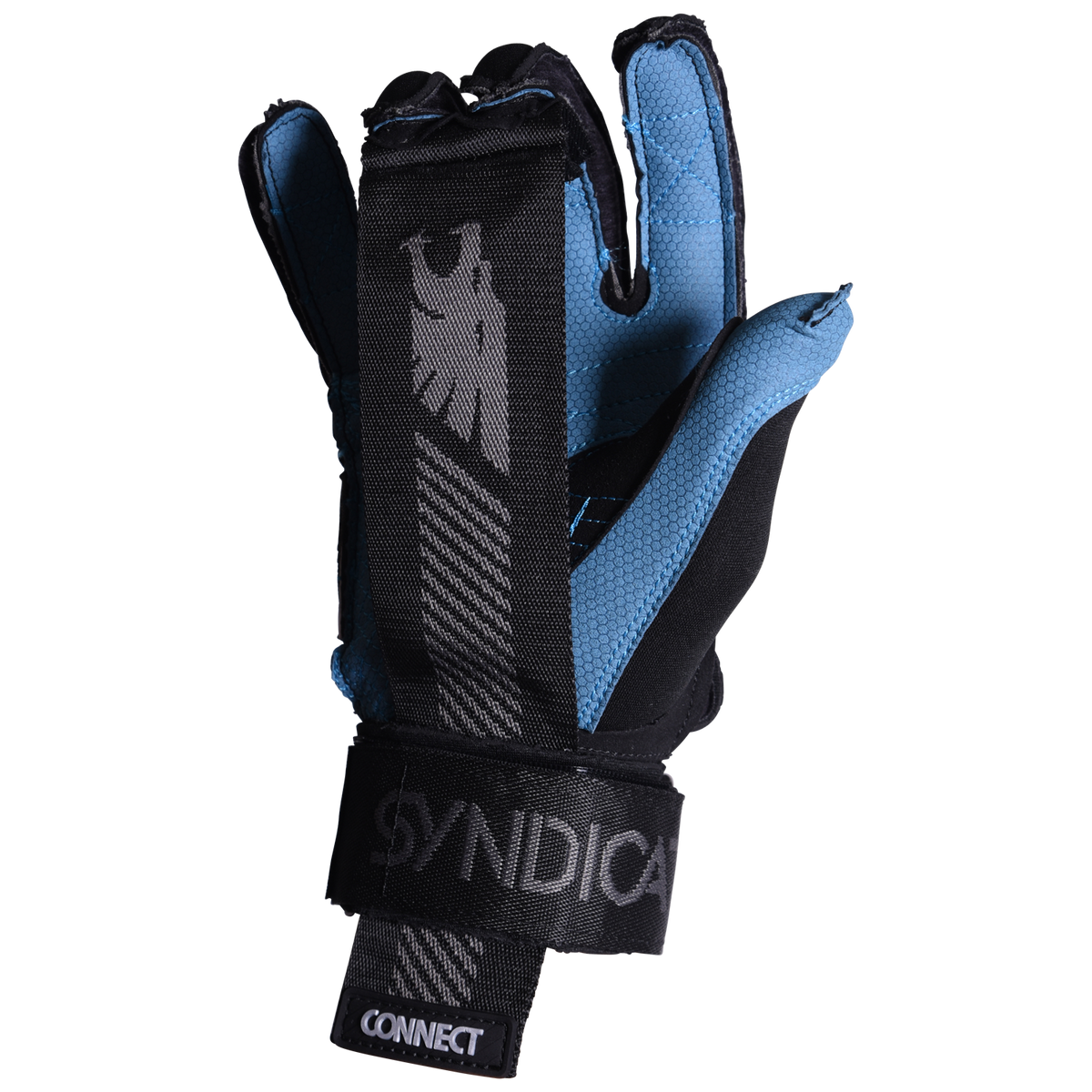 Palm view of the Syndicate Connect Inside Out glove, showing a blue textured grip, black reinforcements, and wrist strap.