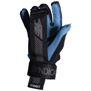 Palm view of the Syndicate Connect Inside Out glove, showing a blue textured grip, black reinforcements, and wrist strap.