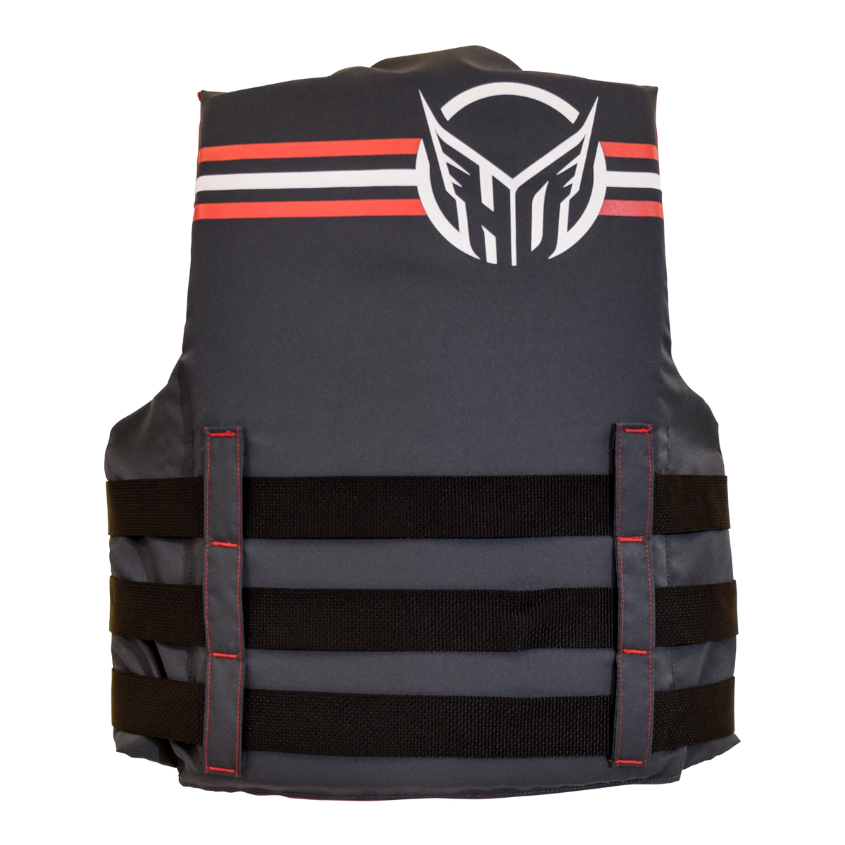 Rear view of black life vest with a white and red HO logo on a white background.