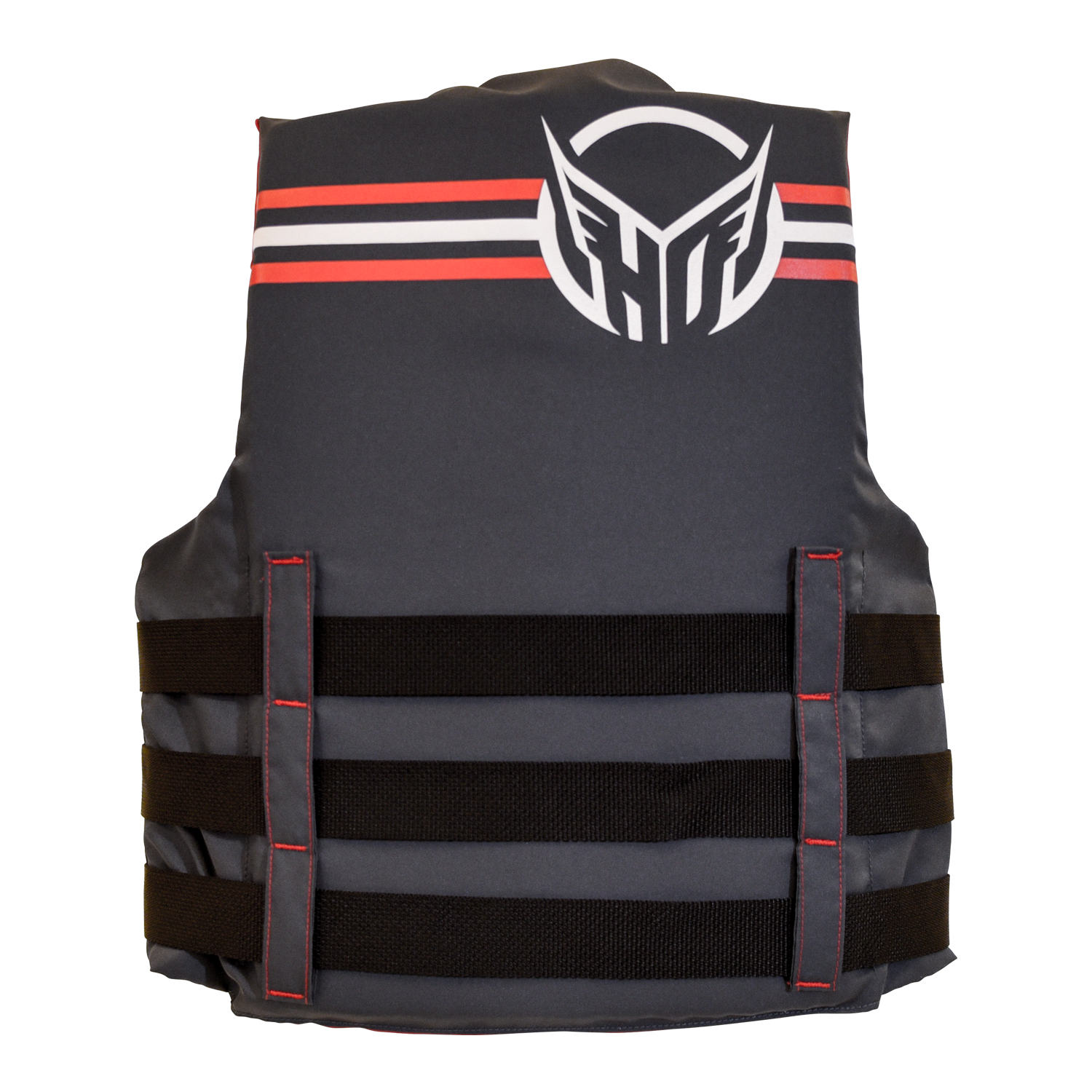 Rear view of black life vest with a white and red HO logo on a white background.