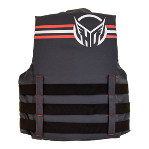 Rear view of black life vest with a white and red HO logo on a white background.