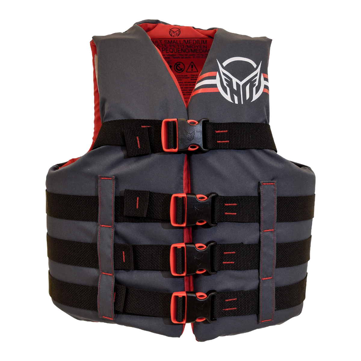 Front view of black and red life vest with black and red buckle straps on a white background