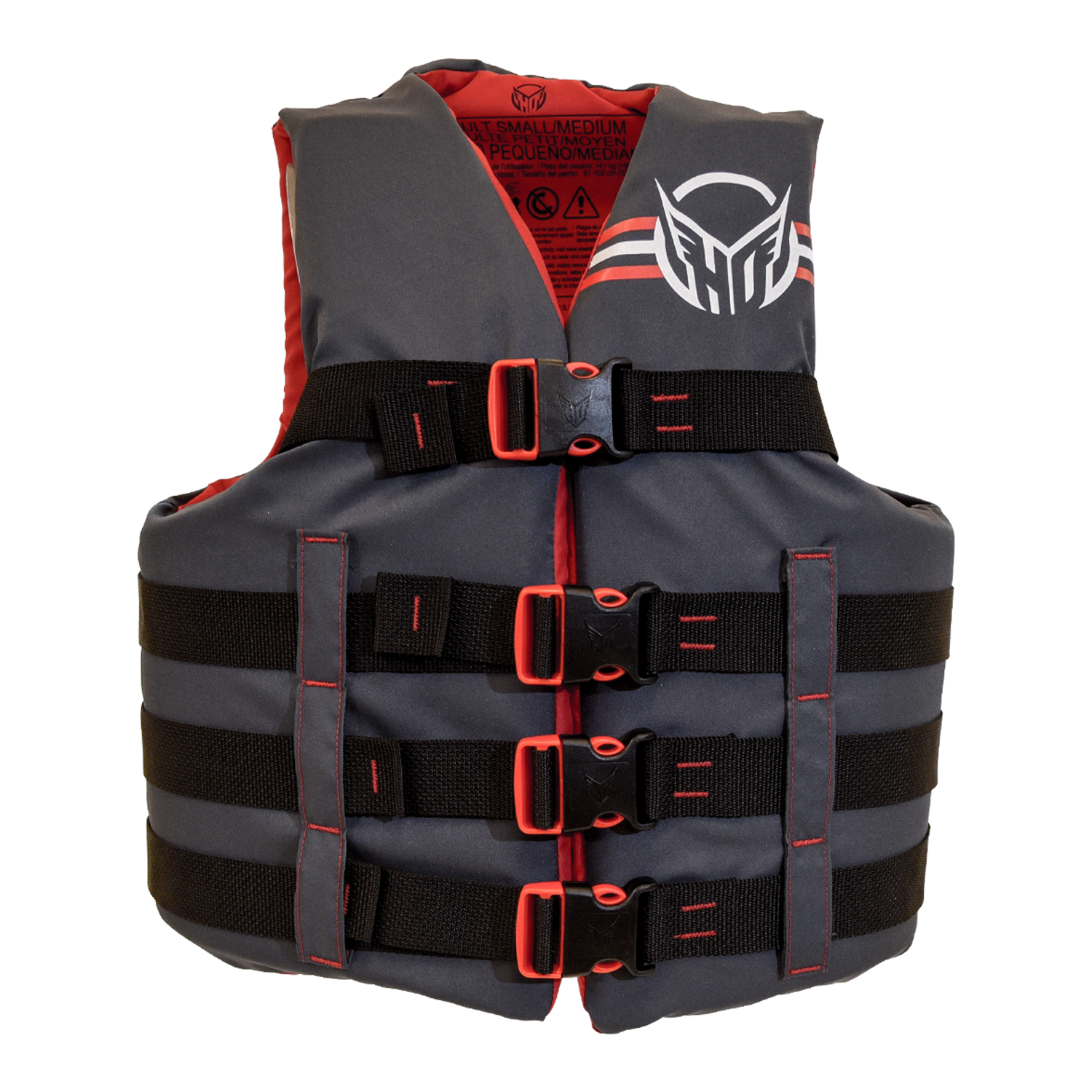 Front view of black and red life vest with black and red buckle straps on a white background