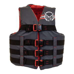 Front view of black and red life vest with black and red buckle straps on a white background