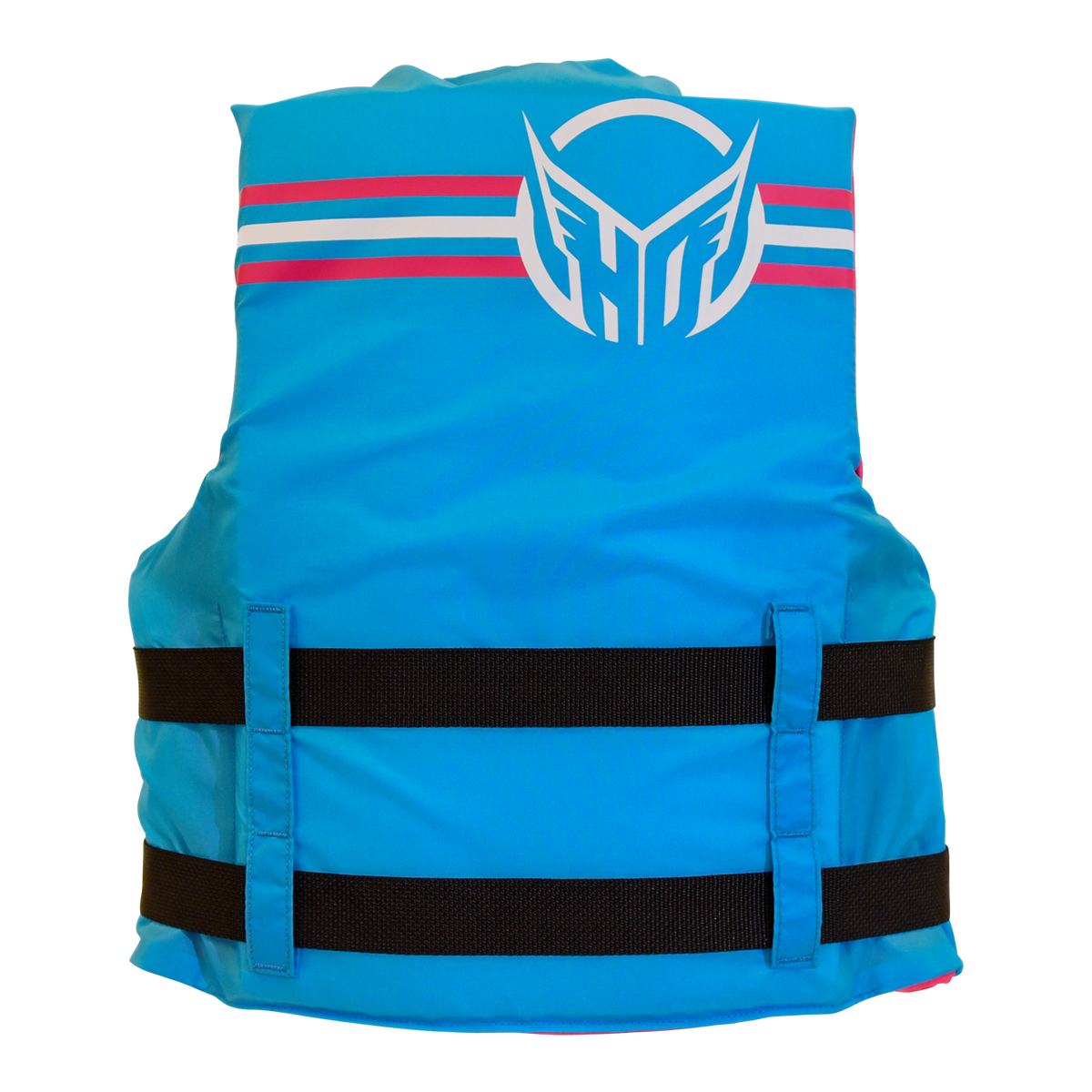 Rear view of blue life jacket with a white HO Sports logo, red and white stripes on a white background