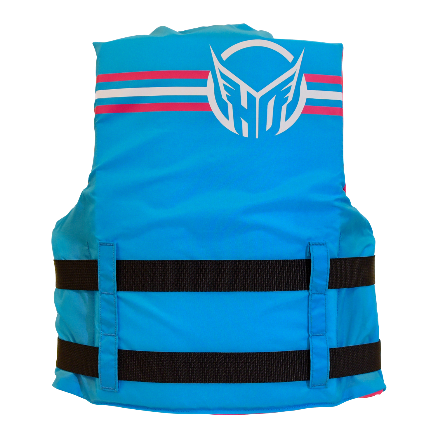 Rear view of blue life jacket with a white HO Sports logo, red and white stripes on a white background