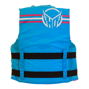 Rear view of blue life jacket with a white HO Sports logo, red and white stripes on a white background