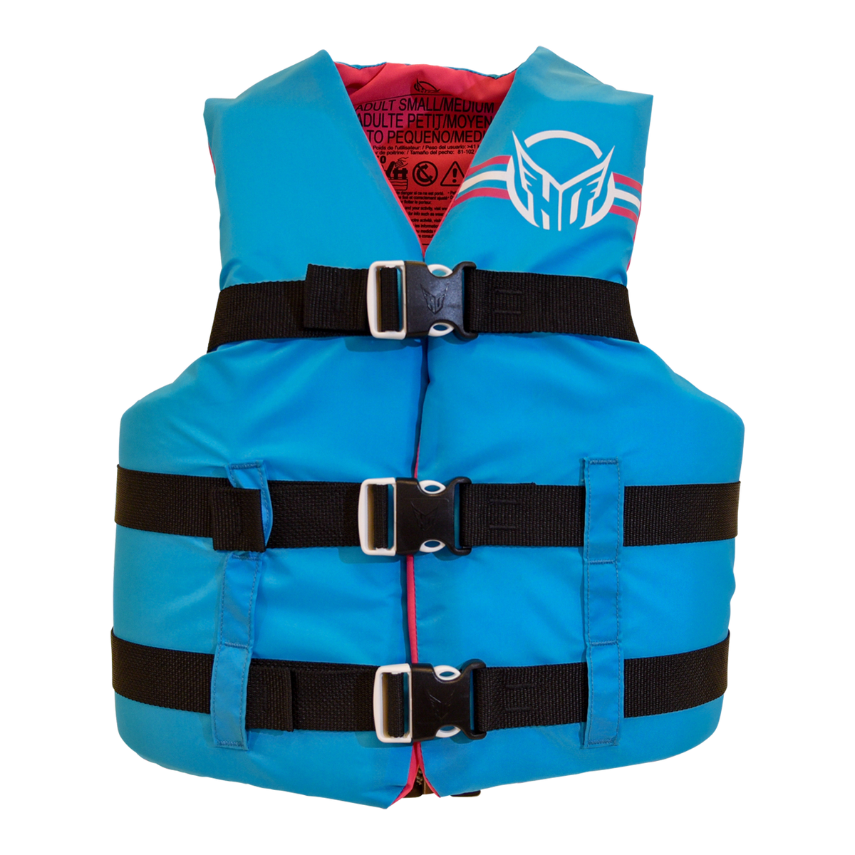 Blue life jacket with black straps and white buckles on a white background with a white HO Sports logo on the front.