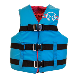 Blue life jacket with black straps and white buckles on a white background with a white HO Sports logo on the front.