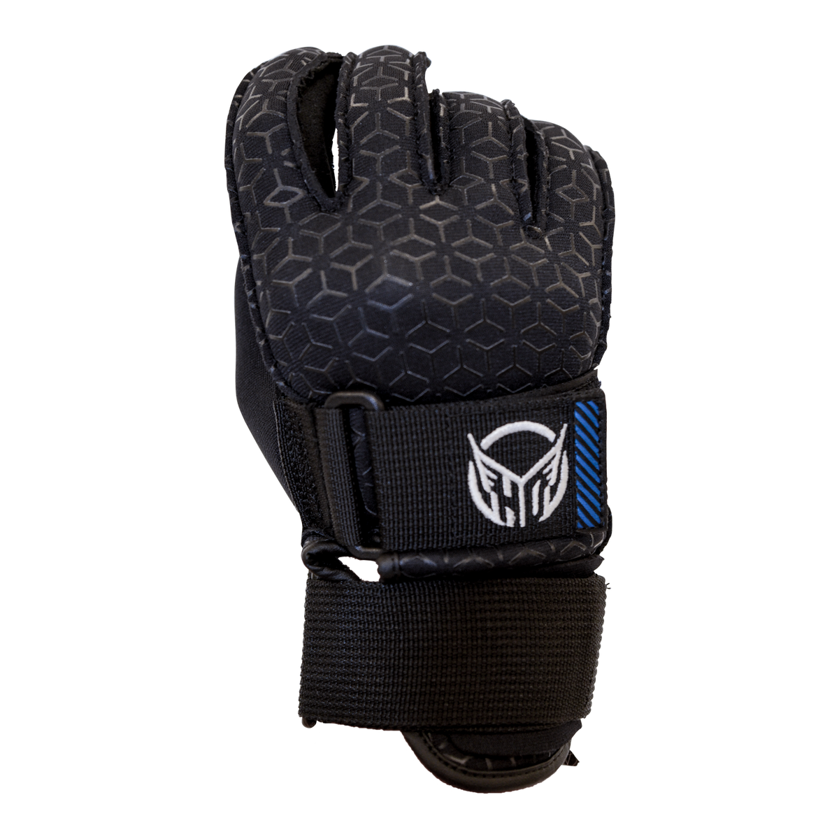 Back view of Men's World Cup Glove in black with a hexagonal pattern, white logo, covered fingers, and a wrist strap.
