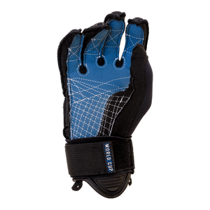 Palm view of Men's World Cup Glove in blue and black with white stitching, open fingers, and an adjustable wrist strap.