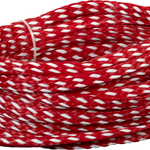 2-person deluxe tube rope in red and white braided design, coiled with yellow tag end.