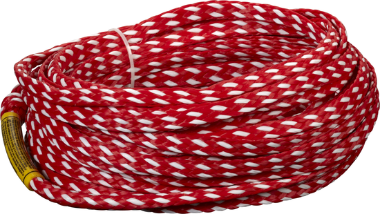 4-person deluxe tube rope in red and white braided design, coiled with yellow tag end.