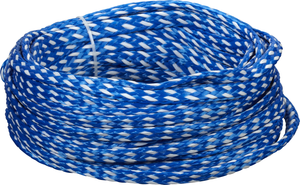 4-person deluxe tube rope in blue and white braided design, coiled with plastic tie.