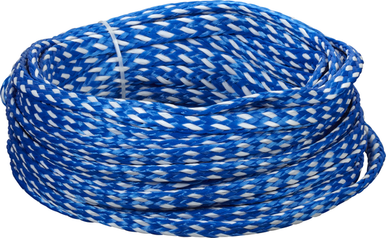 4-person deluxe tube rope in blue and white braided design, coiled with plastic tie.
