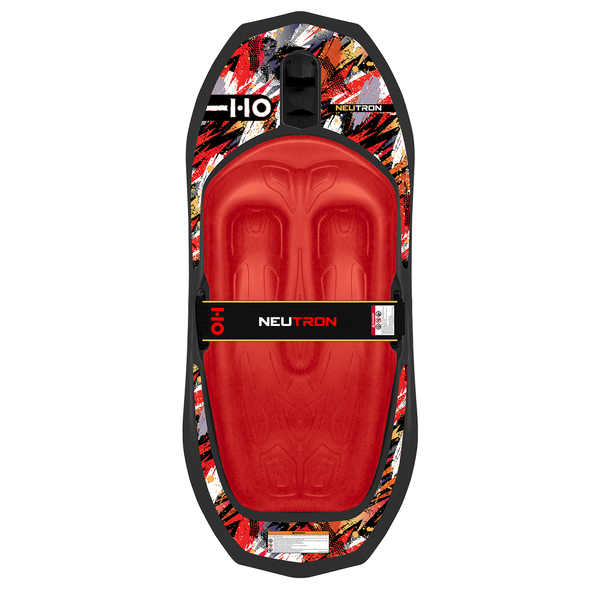 Top view of Neutron kneeboard in red and black with bold graphic print and molded knee wells.