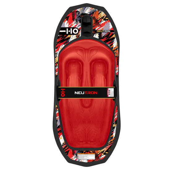 Top view of Neutron kneeboard in red and black with bold graphic print and molded knee wells.