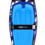 Top view of Proton kneeboard in blue with light blue pad, black strap, and multicolor graphic edges.