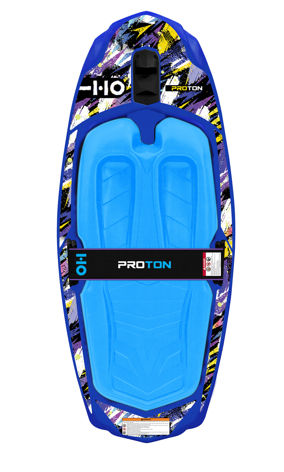 Top view of Proton kneeboard in blue with light blue pad, black strap, and multicolor graphic edges.