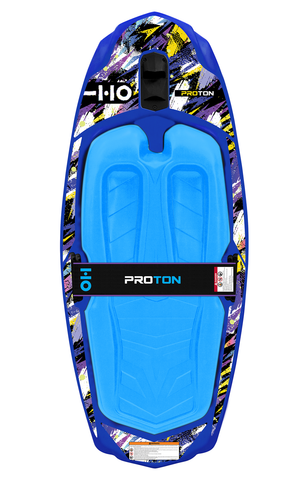 Top view of Proton kneeboard in blue with light blue pad, black strap, and multicolor graphic edges.