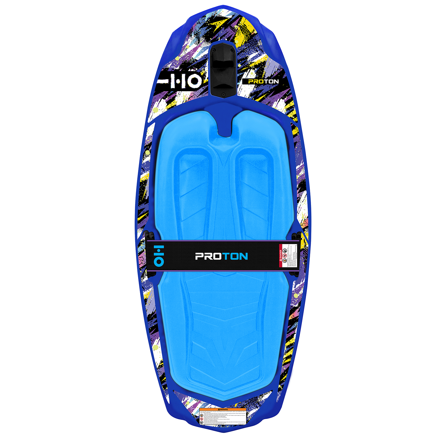 Top view of Proton kneeboard in blue with bold graphic print and molded knee wells.