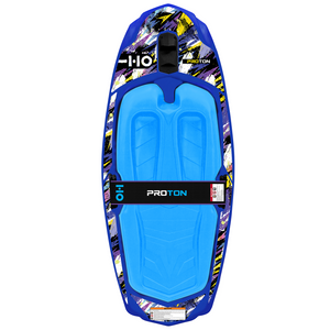 Top view of Proton kneeboard in blue with bold graphic print and molded knee wells.