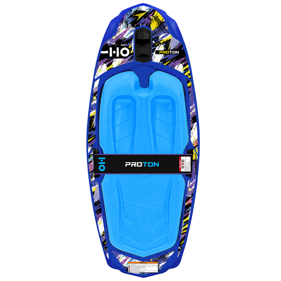 Top view of Proton kneeboard in blue with bold graphic print and molded knee wells.
