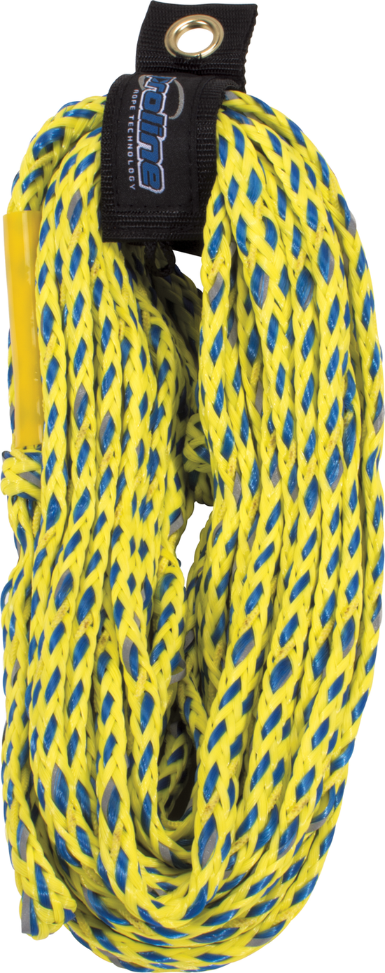 Coiled blue and yellow 60ft 3/8" Safety Rope with reflective tracers and a Proline shortening loop.