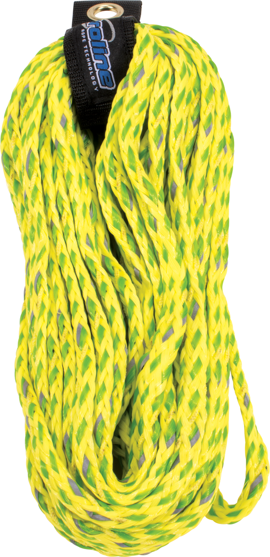Coiled green and yellow 60ft 3/8" Safety Rope with reflective tracers and a Proline shortening loop.