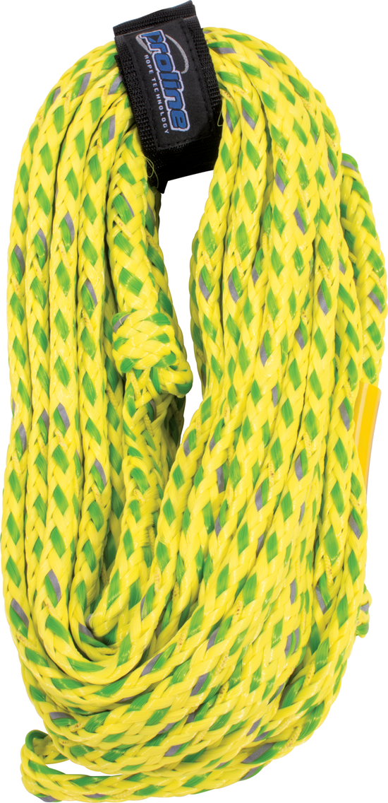 Coiled green and yellow 60ft 5/8" Safety Rope with reflective tracers and a Proline shortening loop.