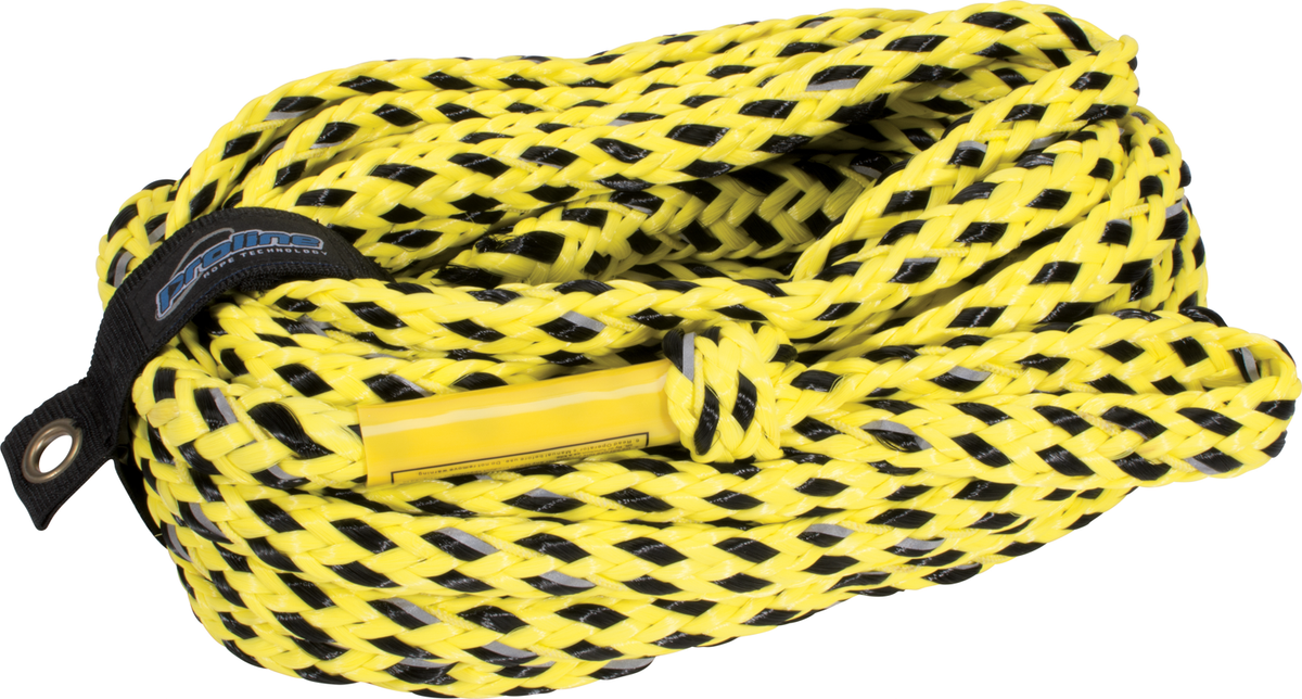 6-rider safety tube rope in yellow and black braided design, coiled with black strap holder.